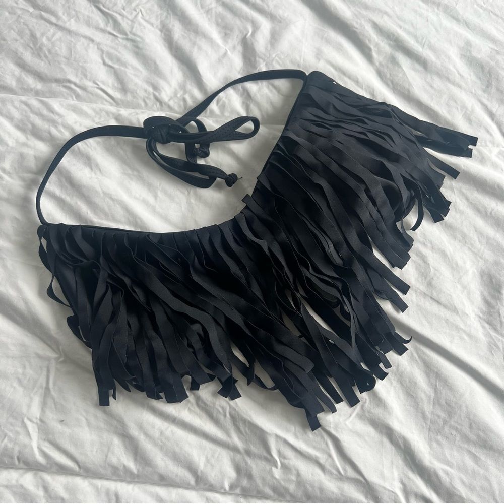 Rue bleu black fringe swim halter top bikini small